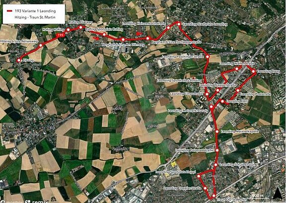 Stadtkarte, die den Verlauf der Linie 193 darstellt